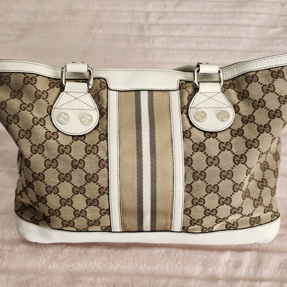Gucci Canvas And White Leather Tote Bag